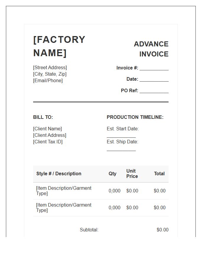Clothing Factory Advance Payment Invoice Template