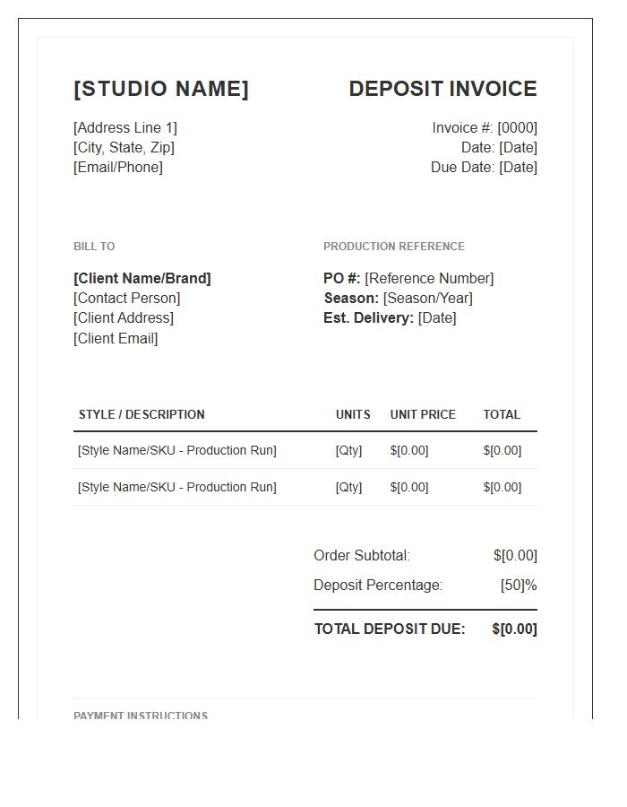 Clothing Production Deposit Invoice Template
