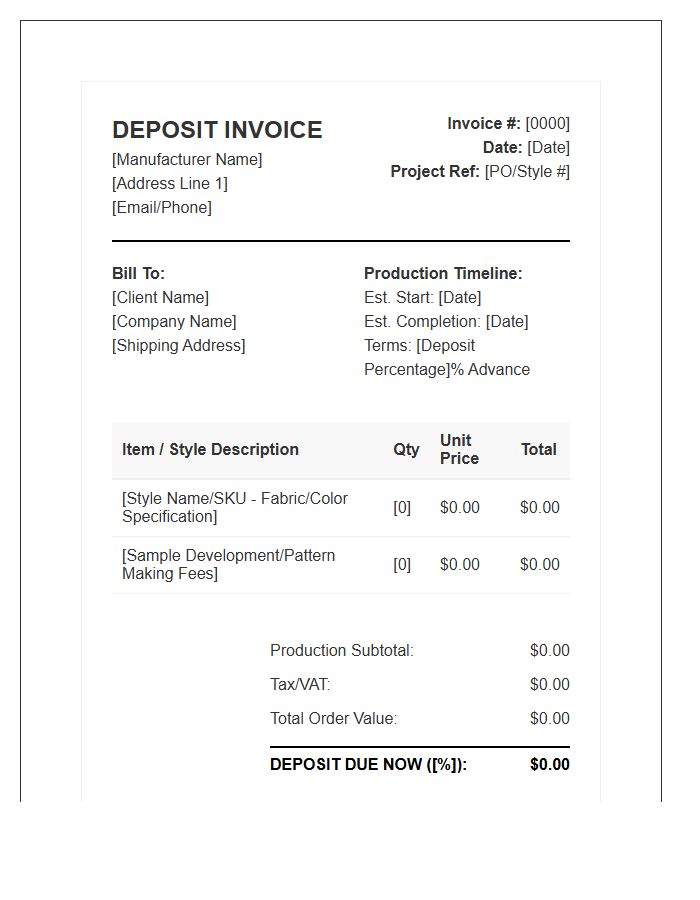 Custom Clothing Manufacturer Deposit Invoice Template