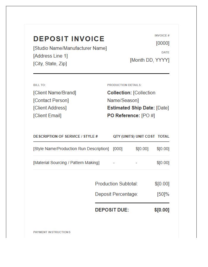 Fashion Production Deposit Invoice Template