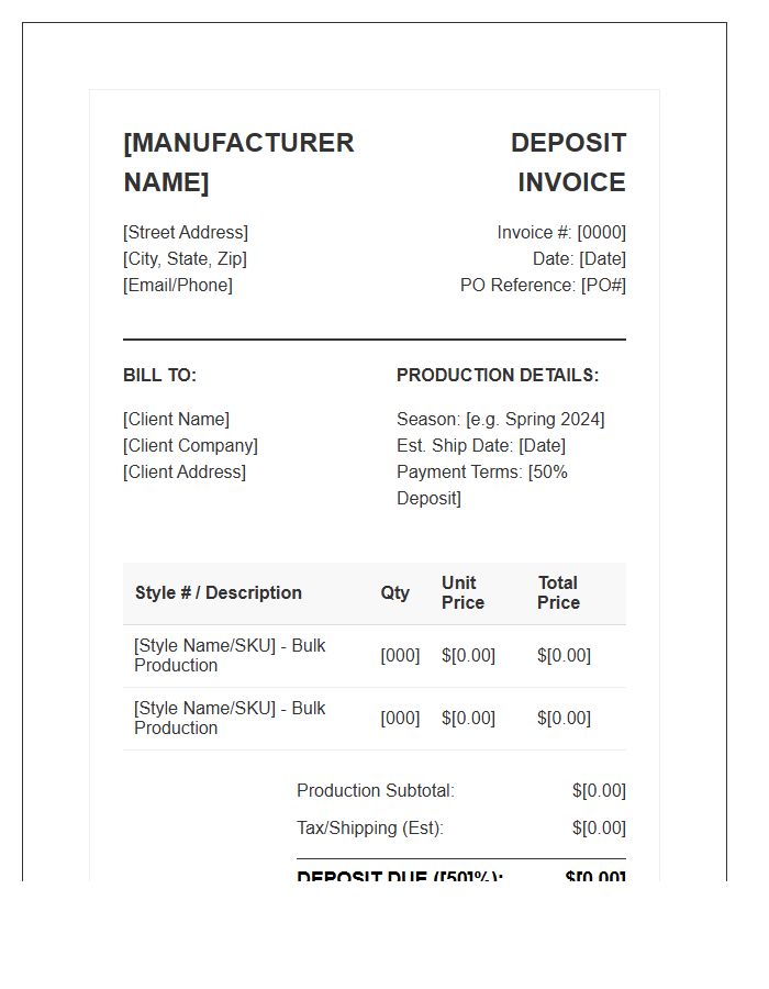 Garment Manufacturer Deposit Invoice Template