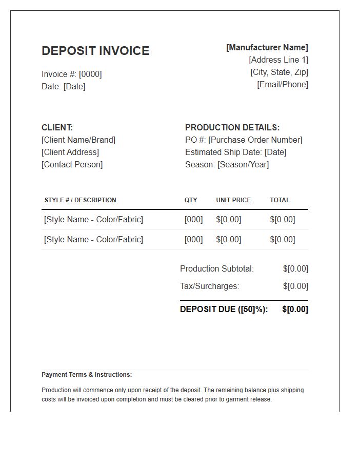 Garment Production Deposit Invoice Template