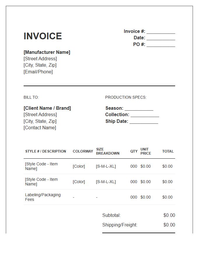 Private Label Apparel Production Invoice Template