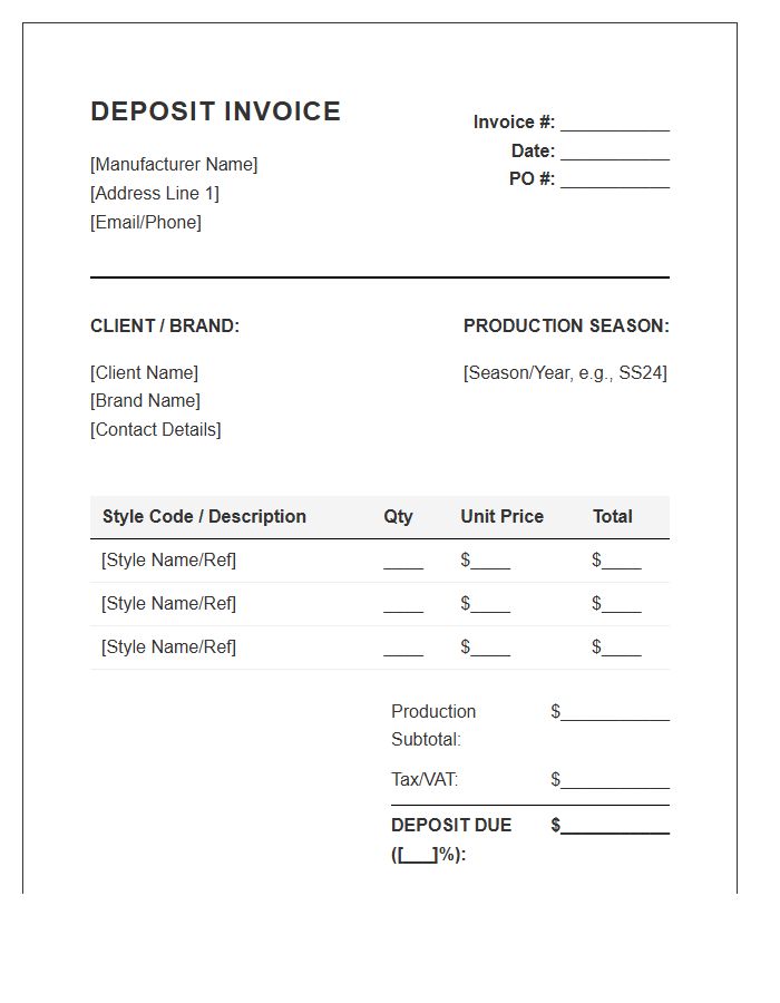 Ready To Wear Manufacturing Deposit Invoice Template