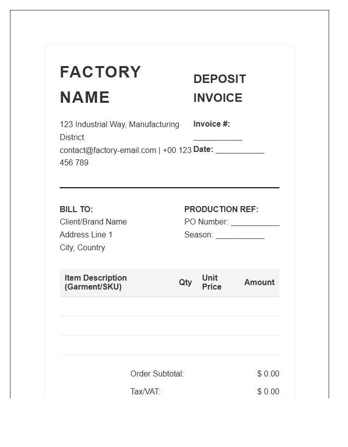 Sportswear Factory Deposit Invoice Template