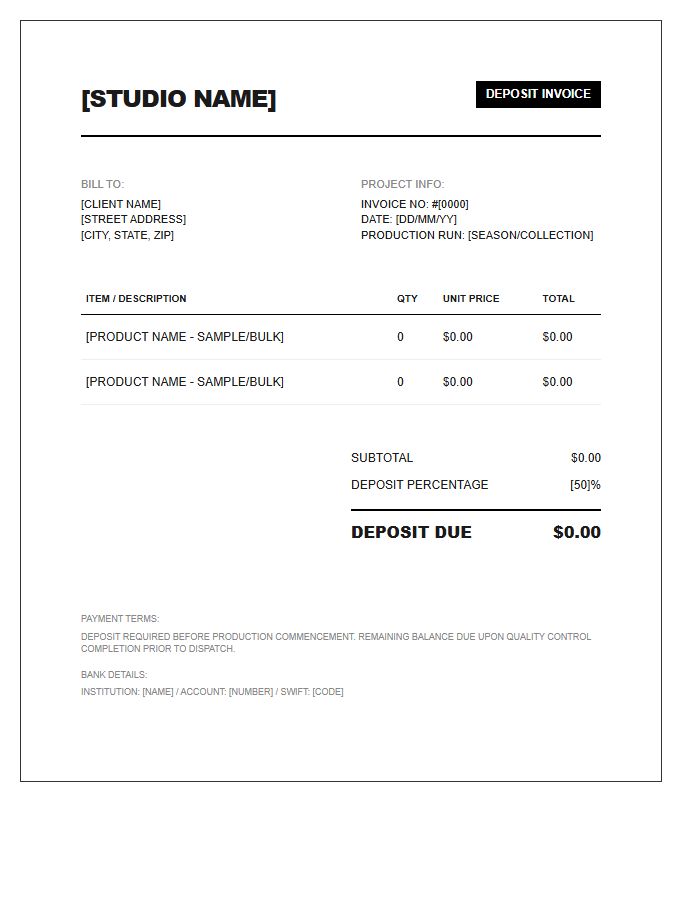 Streetwear Production Deposit Invoice Template