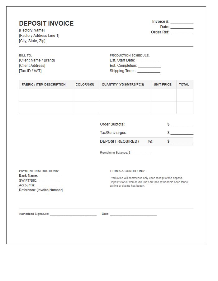 Textile Factory Order Deposit Invoice Template
