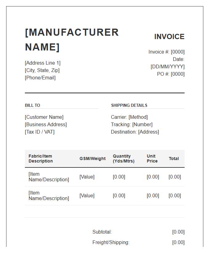 Textile Manufacturing Bulk Order Invoice Template