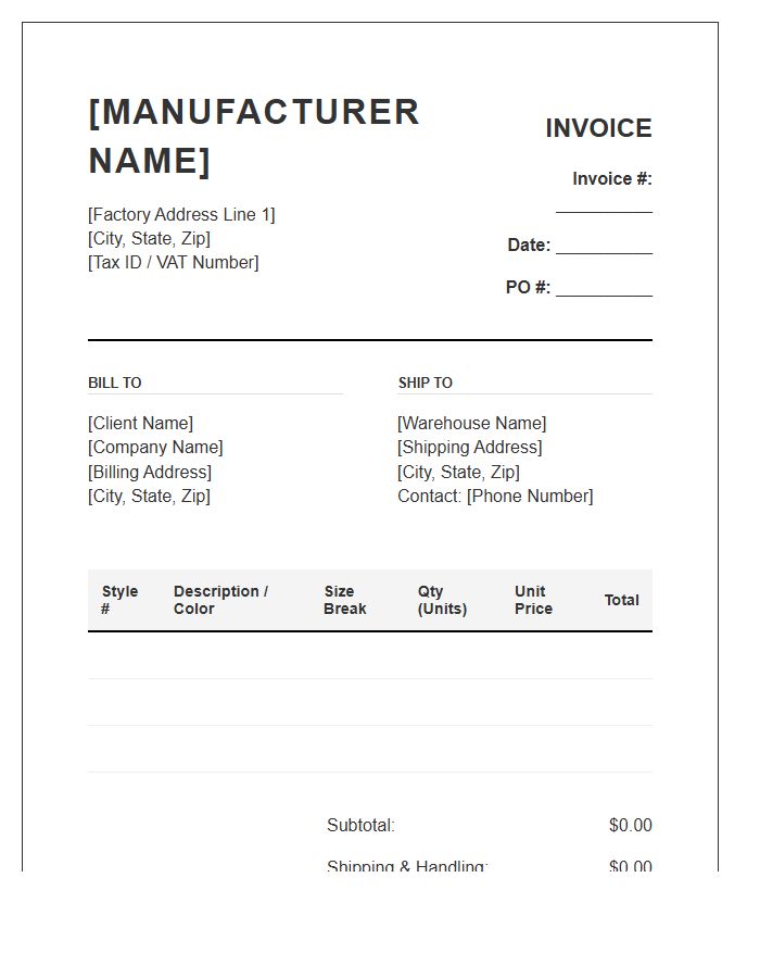Wholesale Apparel Manufacturing Invoice Template