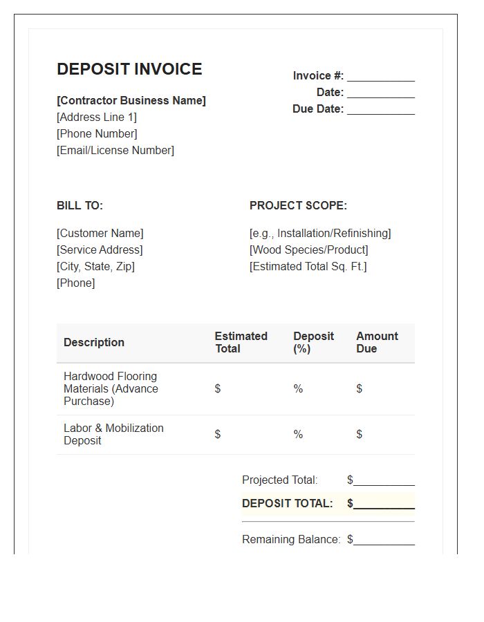 Contractor Hardwood Flooring Deposit Invoice Template