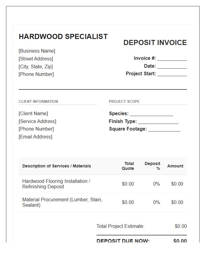 Hardwood Floor Specialist Deposit Invoice Template