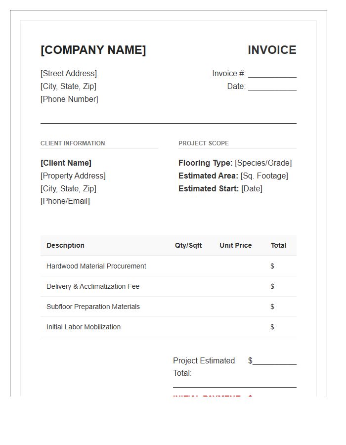 Hardwood Flooring Initial Payment Invoice Template