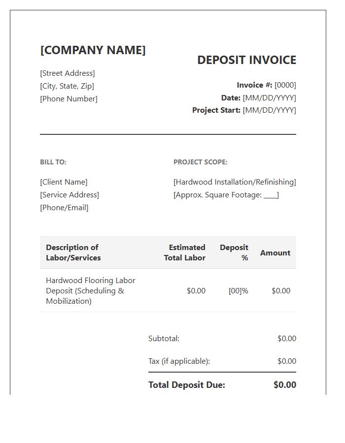 Hardwood Flooring Labor Deposit Invoice Template
