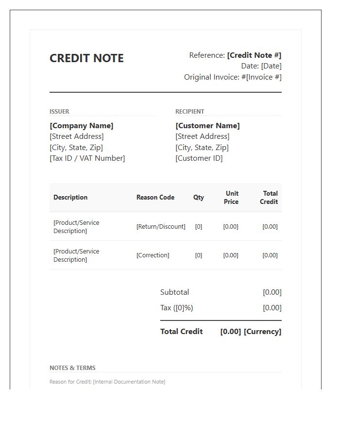 Advanced Credit Note Invoice Template Architecture