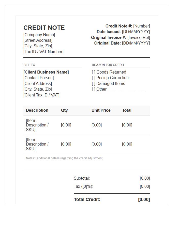 Comprehensive B2B Credit Note Invoice Template
