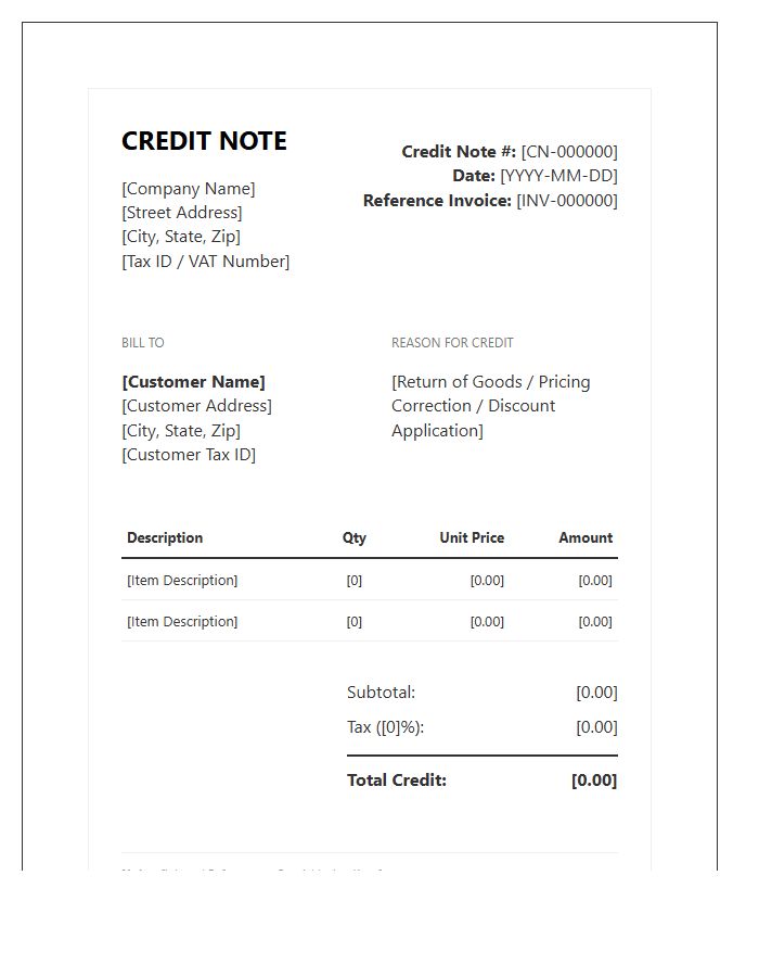 Enterprise Credit Note Invoice Template Standards