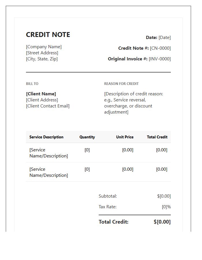 Formal Service Credit Note Invoice Template Format