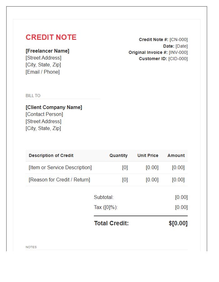 Freelance Credit Note Invoice Template Option