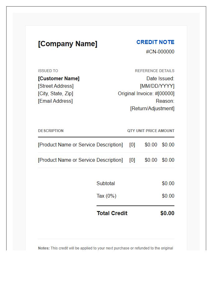 Modern E-commerce Credit Note Invoice Template