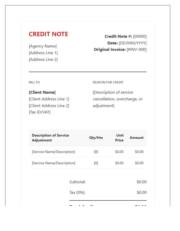 Professional Agency Credit Note Invoice Template