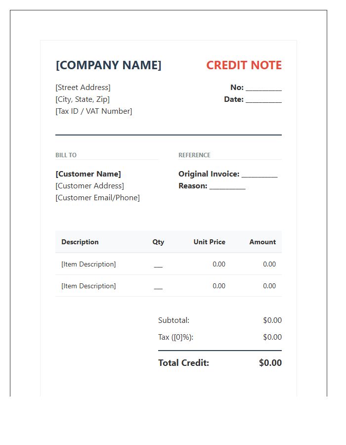 Secure Financial Credit Note Invoice Template