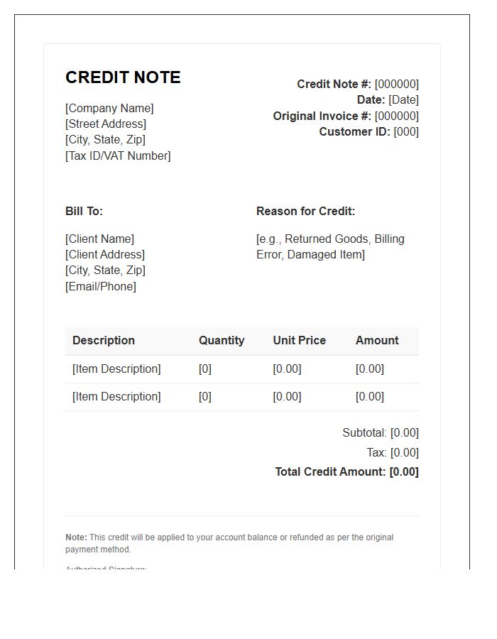 Standard Business Credit Note Invoice Template Layout