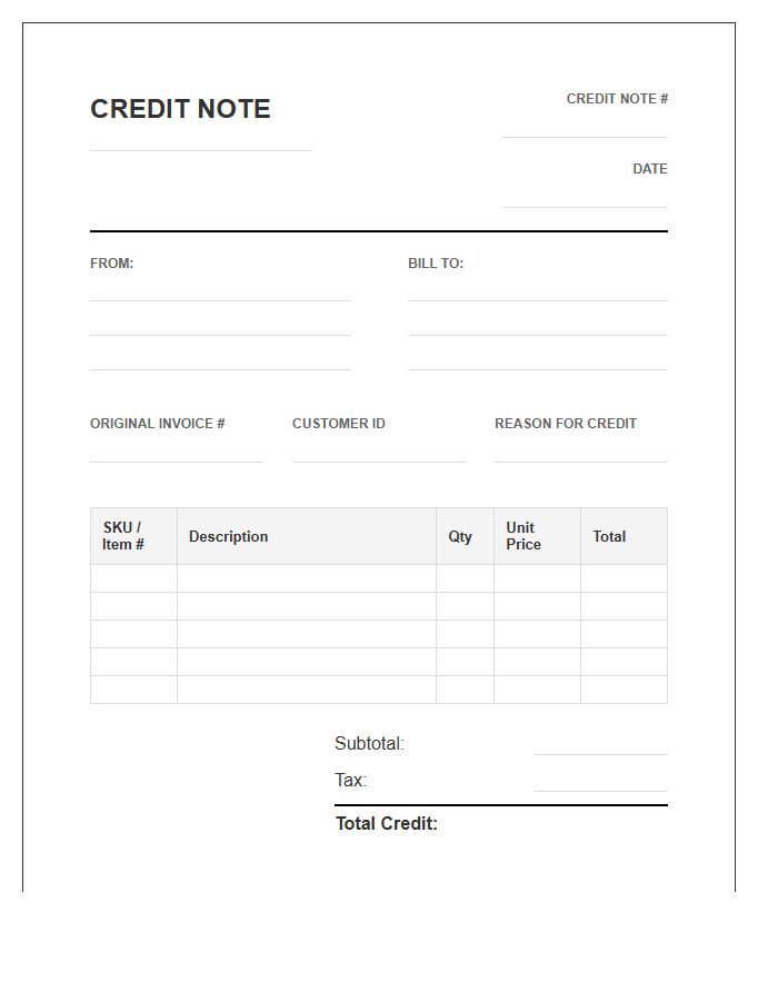 Wholesale Credit Note Invoice Template Document