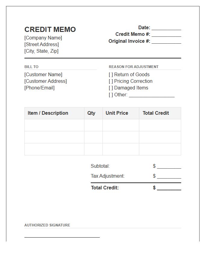Business Credit Memo Adjustment Invoice Template