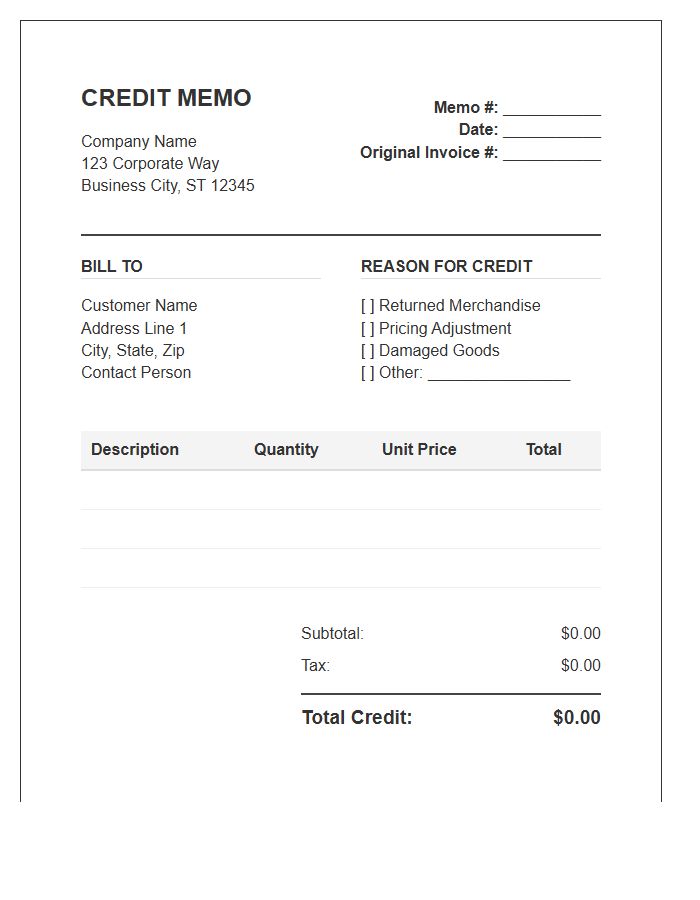 Corporate Credit Memo Billing Invoice Template