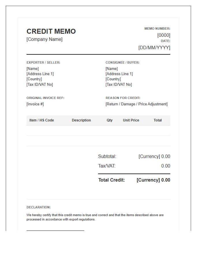 Export Commercial Credit Memo Invoice Template