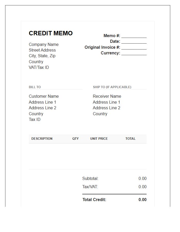 International Commercial Credit Memo Invoice Template