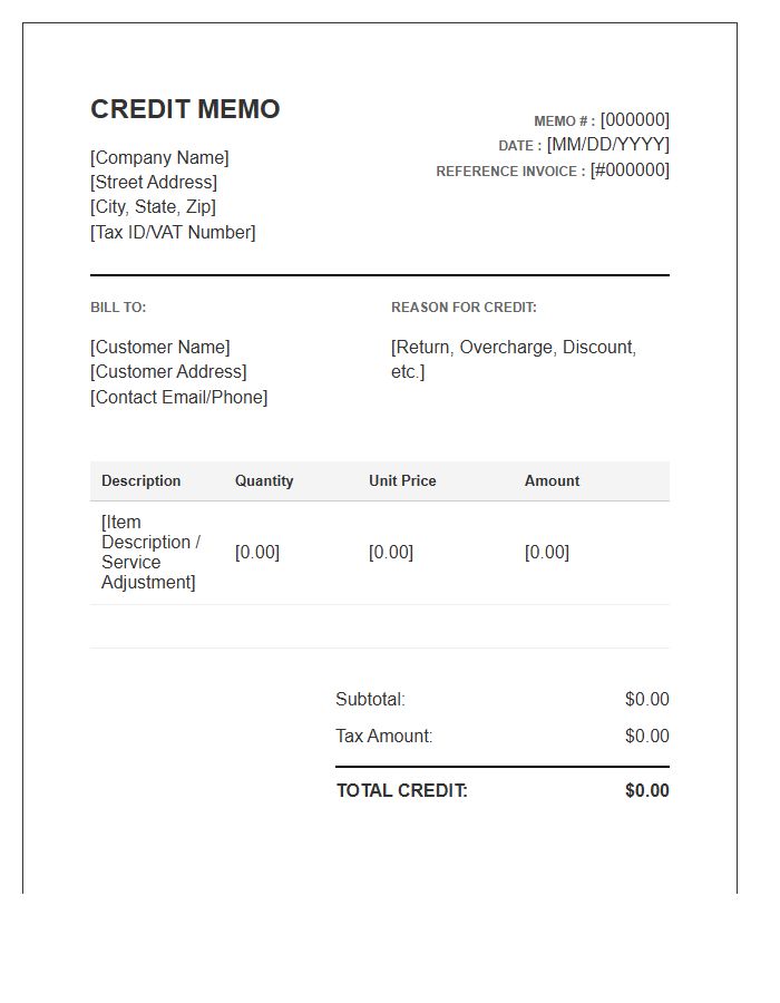 Legal Commercial Credit Memo Invoice Template