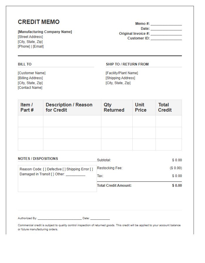 Manufacturing Commercial Credit Memo Invoice Template