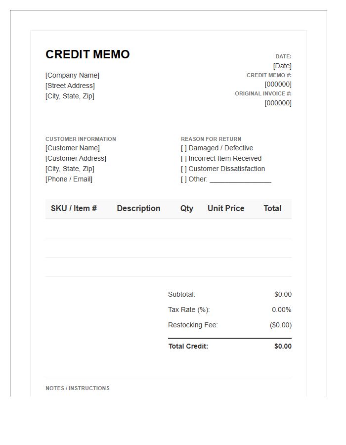 Retail Credit Memo Return Invoice Template