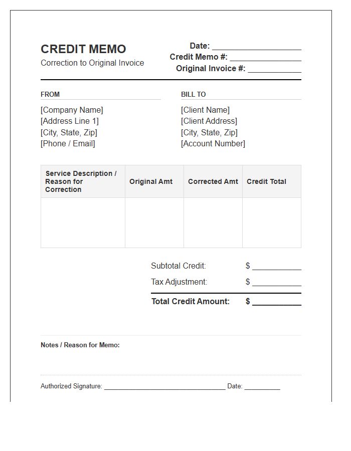 Service Credit Memo Correction Invoice Template