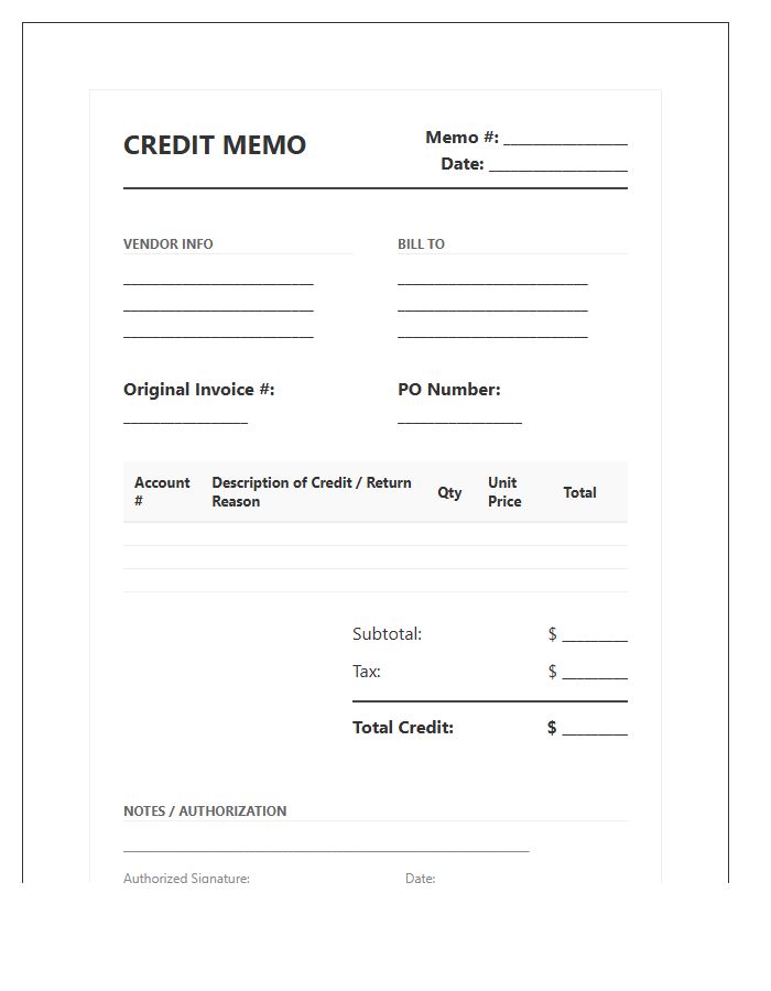 Vendor Credit Memo Account Invoice Template