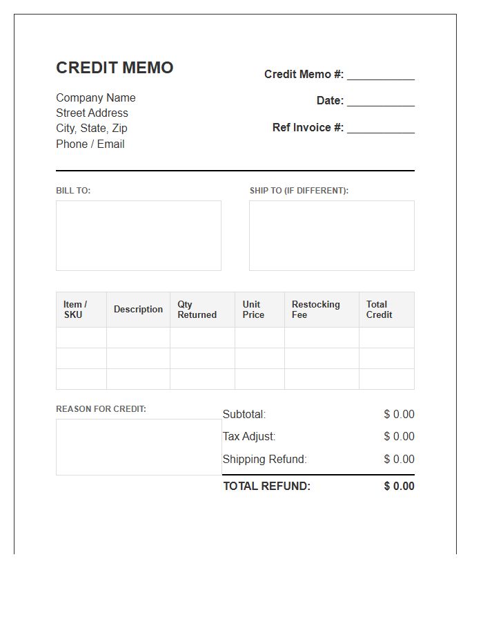 Wholesale Credit Memo Refund Invoice Template