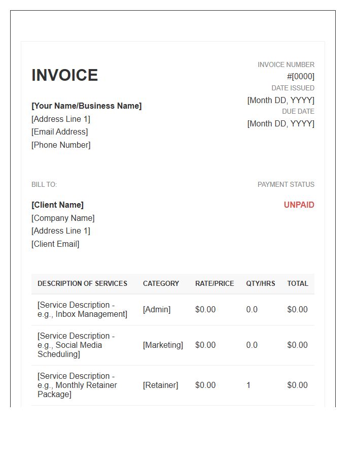 Comprehensive Virtual Assistant Monthly Invoice Template