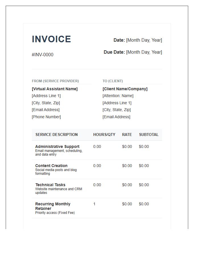 Detailed Virtual Assistant Monthly Service Invoice Template