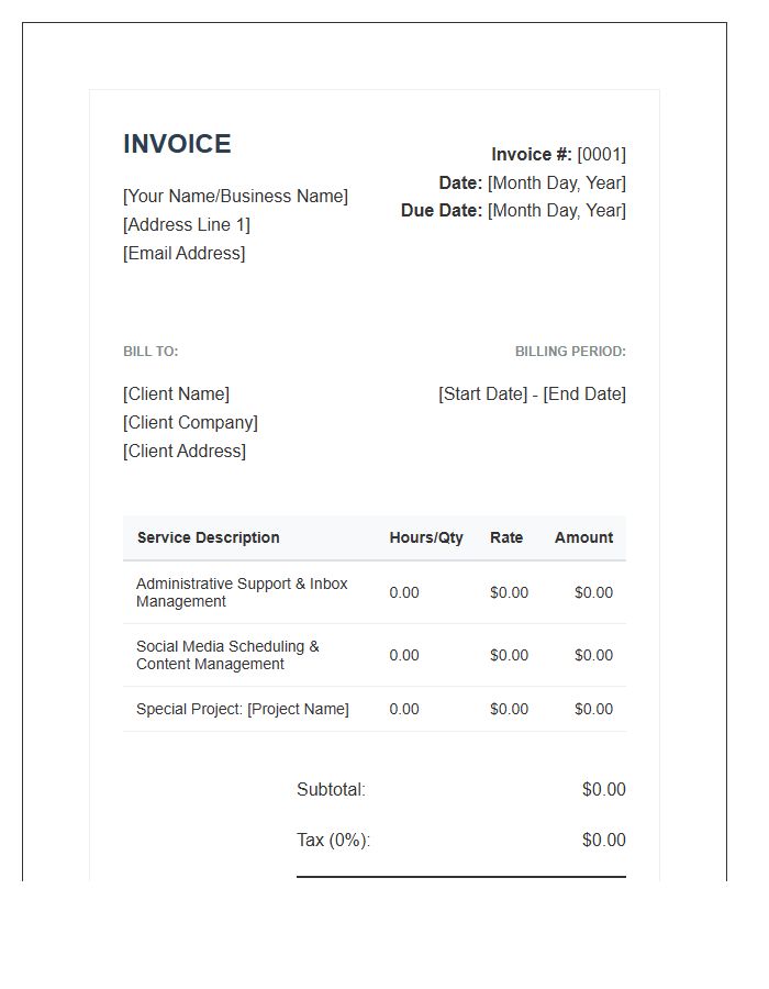 Formal Virtual Assistant Monthly Billing Invoice Template