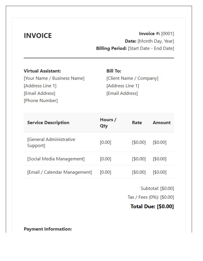 General Virtual Assistant Monthly Billing Invoice Template