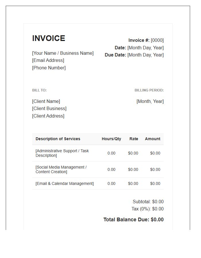 Professional Virtual Assistant Monthly Invoice Template