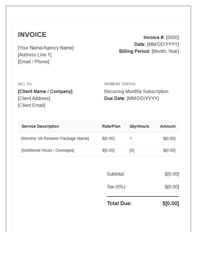 Recurring Monthly Virtual Assistant Invoice Template