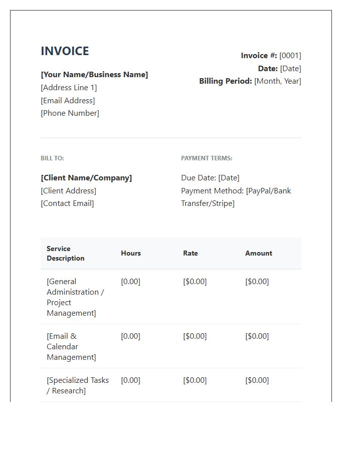 Remote Assistant Monthly Billing Invoice Template