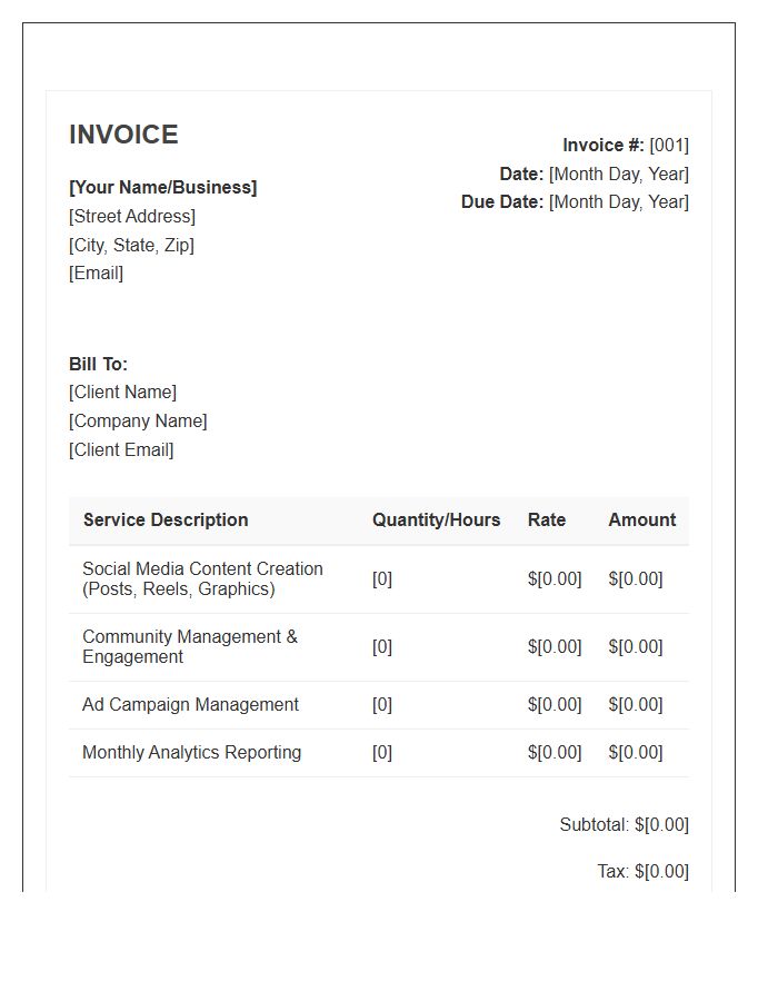 Social Media Virtual Assistant Monthly Invoice Template