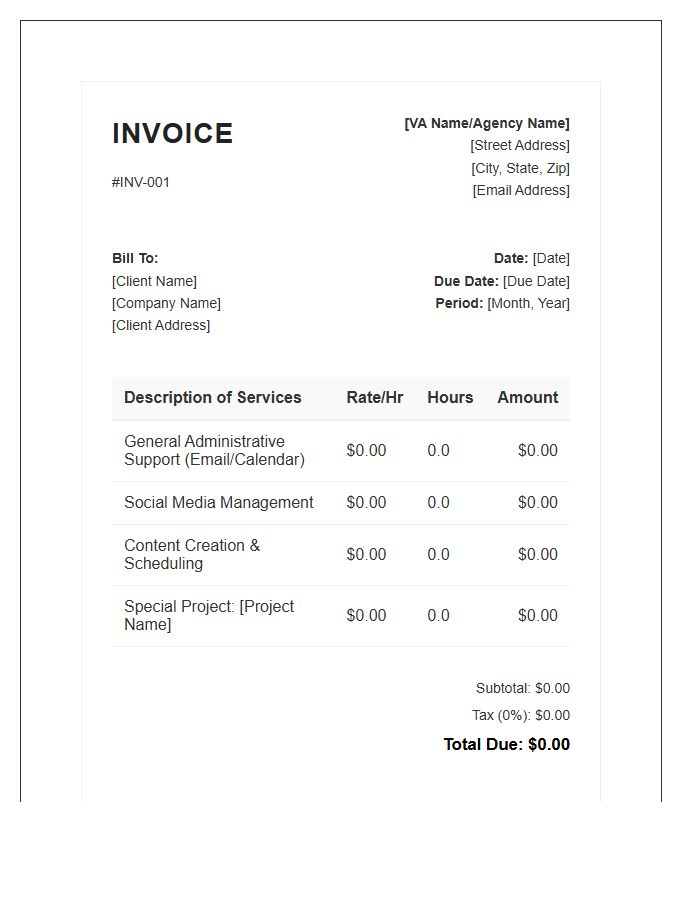 Standard Virtual Assistant Monthly Invoice Template