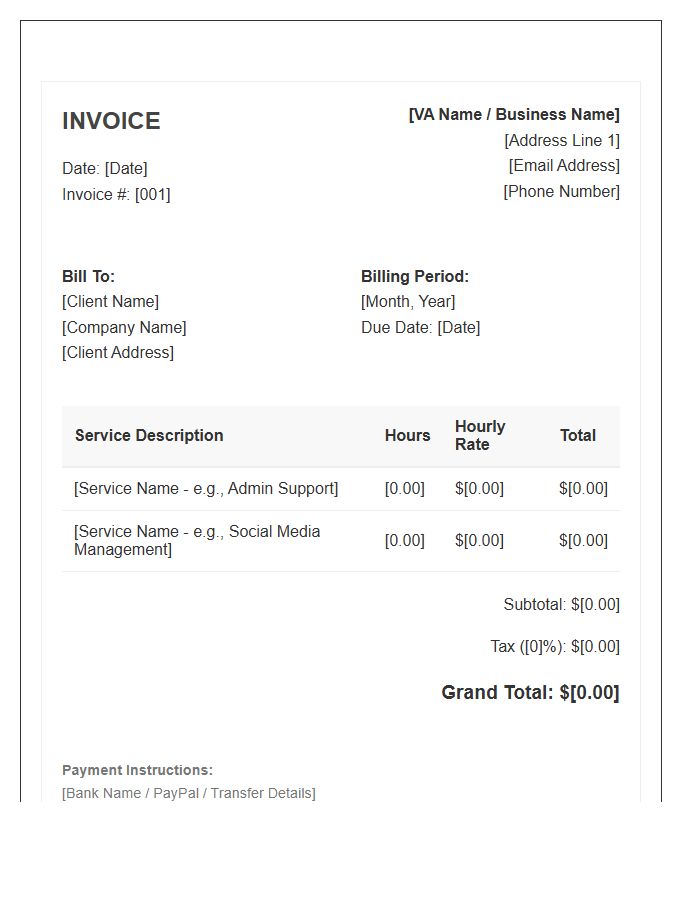 Virtual Assistant Monthly Hourly Rate Invoice Template