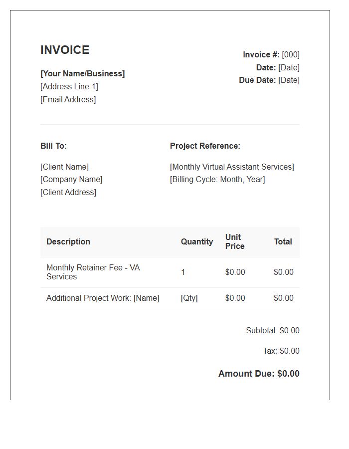 Virtual Assistant Monthly Project Fee Invoice Template