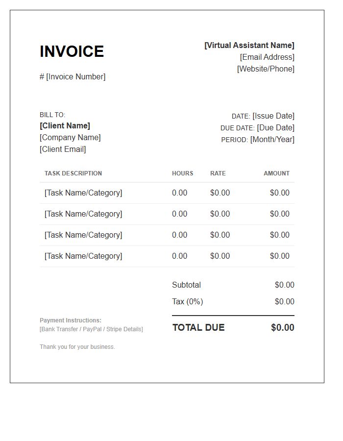 Virtual Assistant Monthly Task List Invoice Template