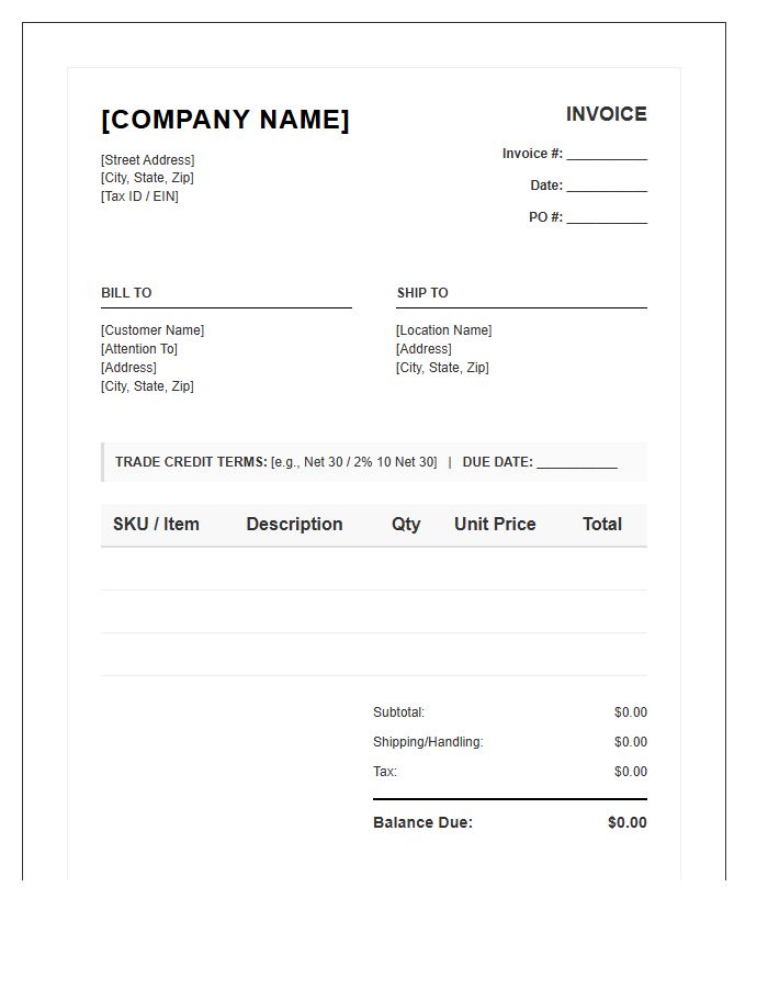 Commercial Trade Credit Billing Invoice Template